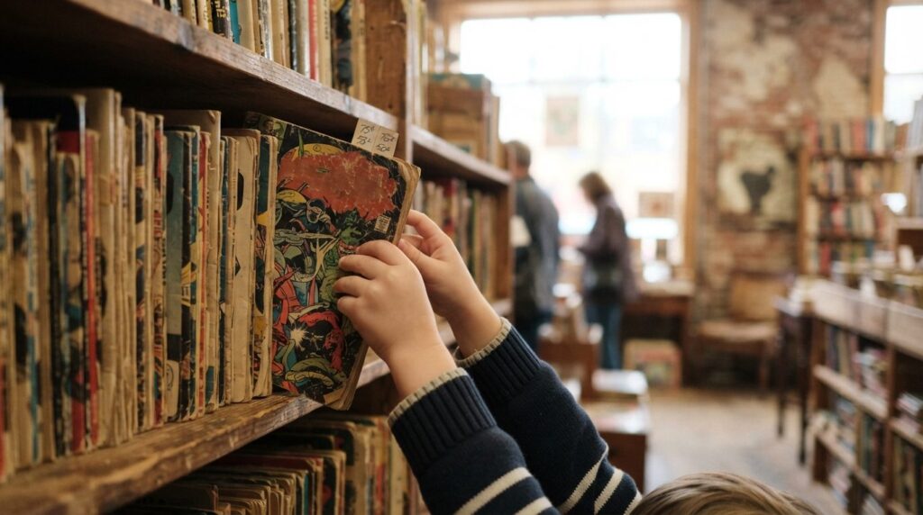 Close-up shot of a childs hands carefully selecting vintage
