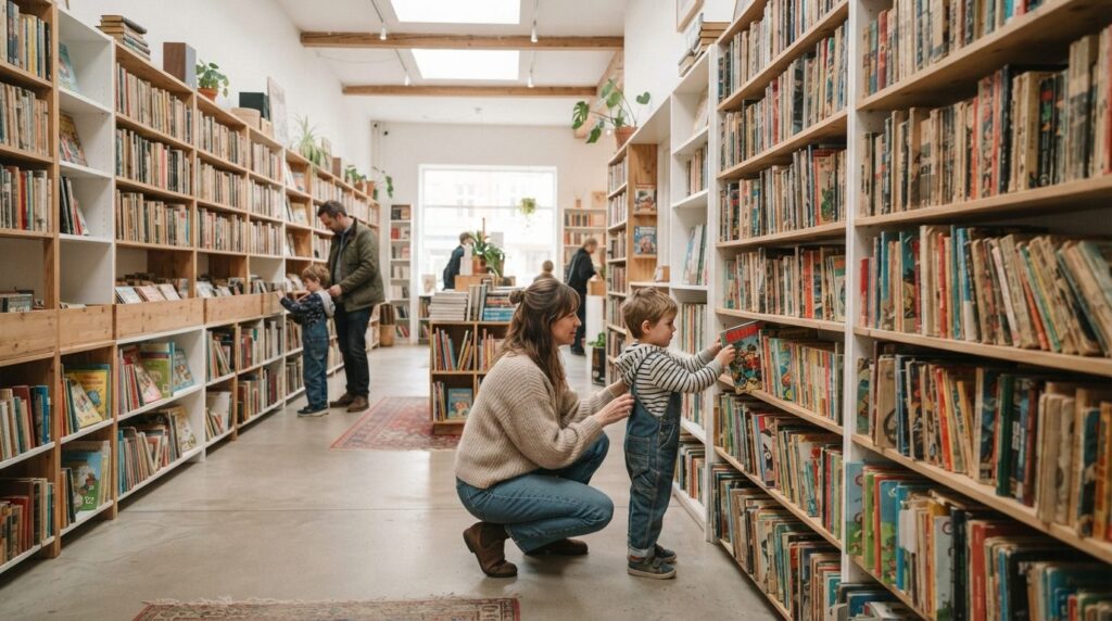 Wide angle view of organized shelves displaying stacks of pr