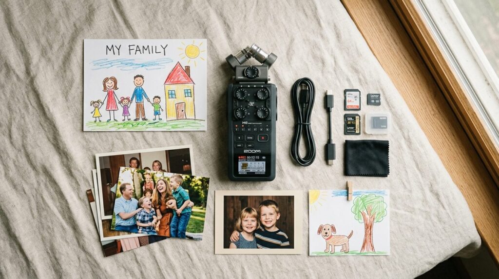 Flat lay composition: Handheld digital recorder with storage