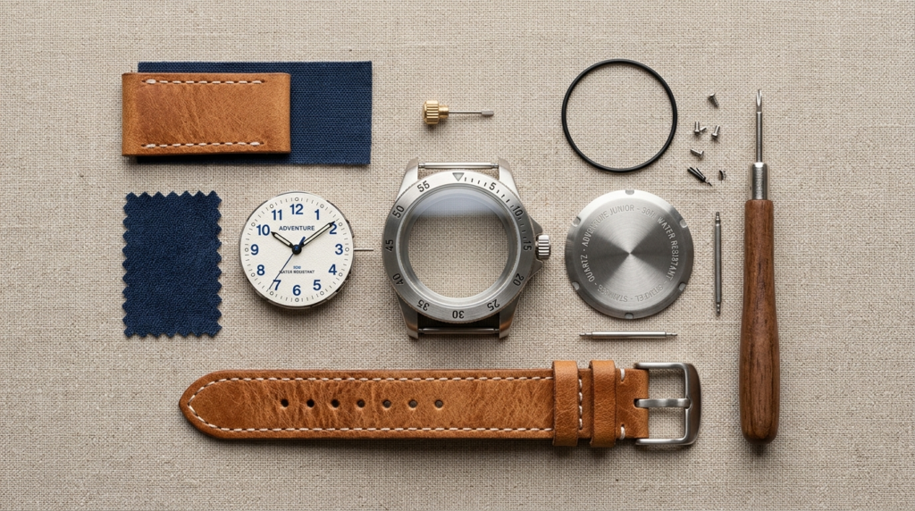 Flat lay composition showing quality childrens watch compon