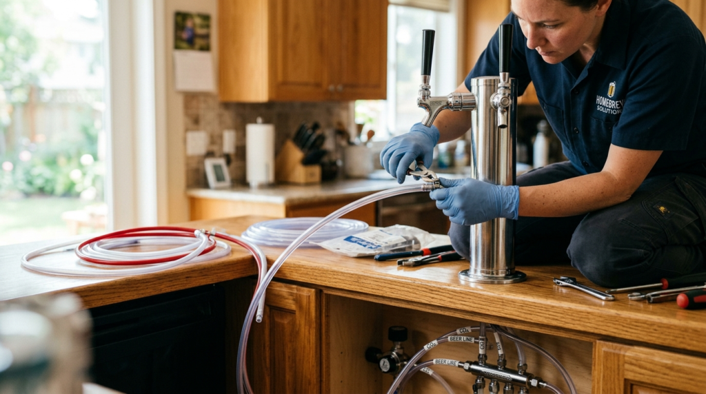 Close-up shot of a professional draft beer tap being careful