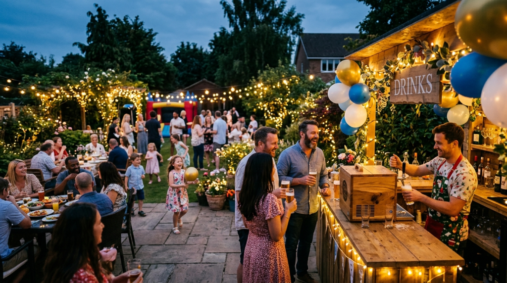 Wide shot of a family celebration party with guests enjoying