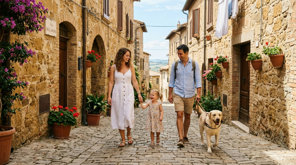 A candid lifestyle shot of a young family with a labrador do