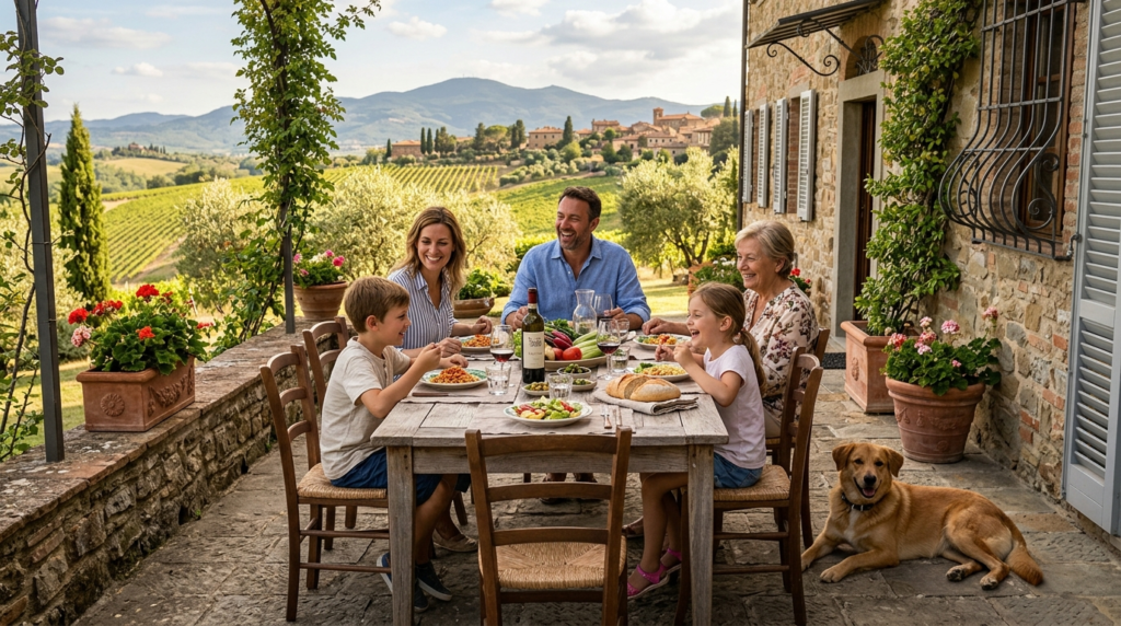 A serene outdoor dining scene at a Tuscan villa terrace wher