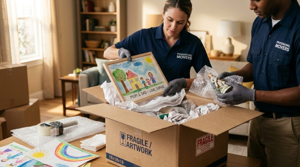 Close-up shot of professional movers carefully packing delic