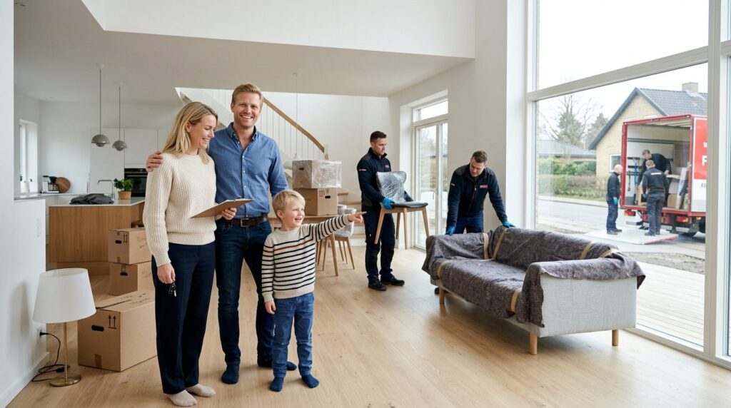 Happy family in a contemporary Hellerup-style home supervisi