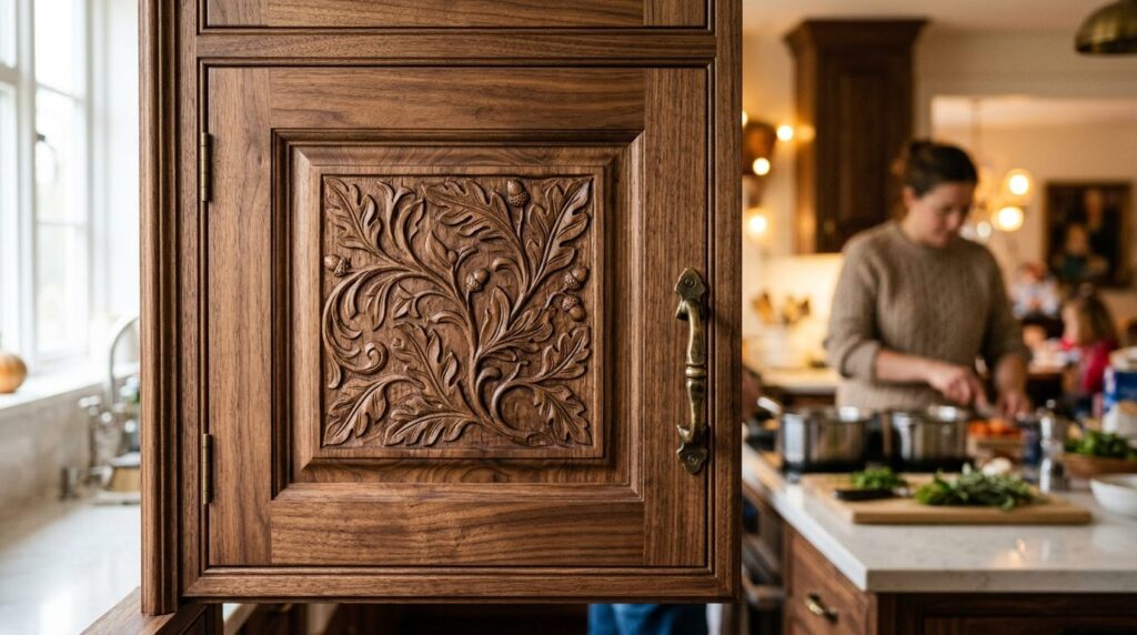 Close-up detail photograph of premium wooden kitchen cabinet