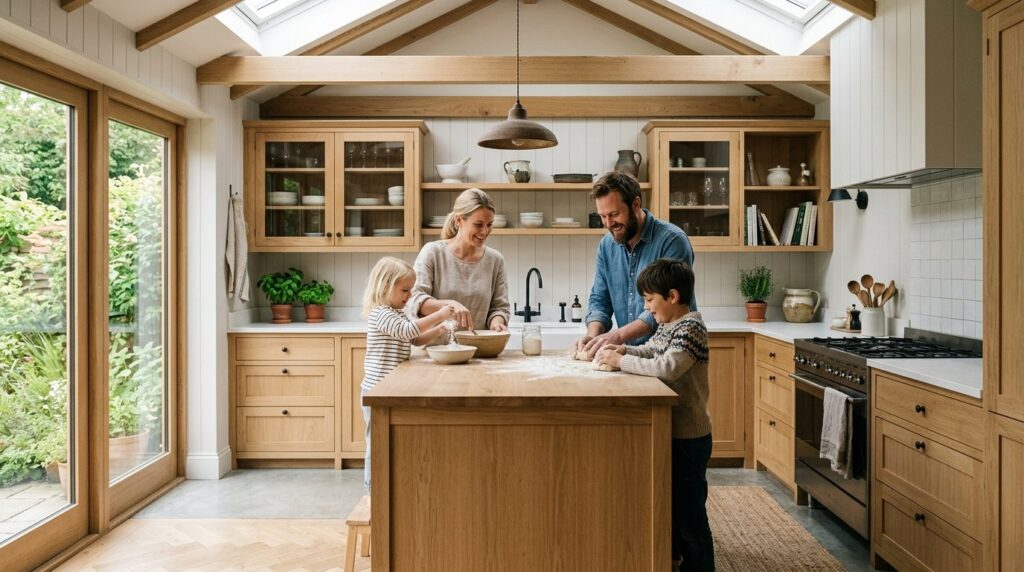 Bright Scandinavian family kitchen interior with handcrafted