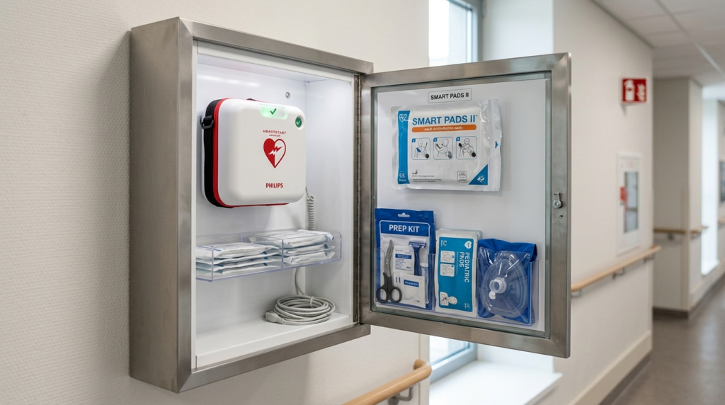 Photorealistic close-up image of a modern AED defibrillator