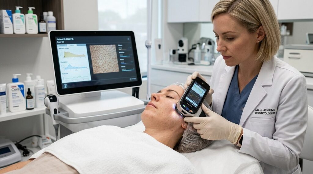 Close-up of professional facial skin analysis using speciali