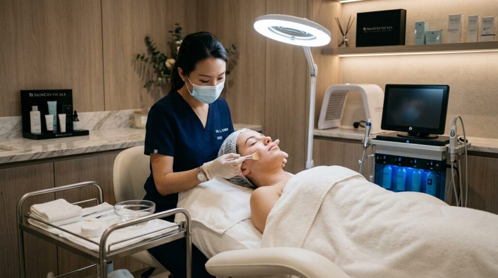 Young woman receiving professional facial treatment at luxur