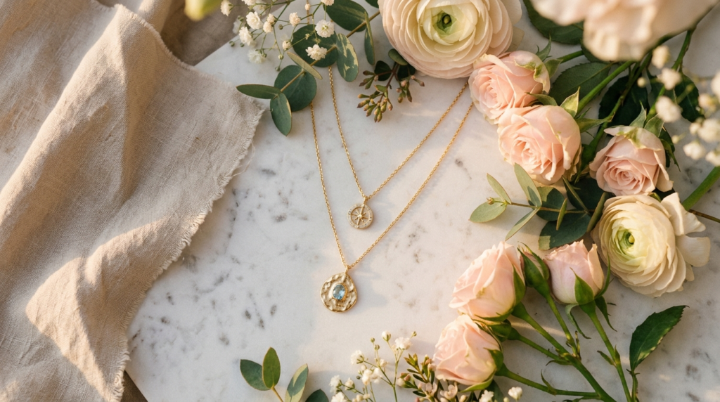 Close-up overhead shot of two complementary necklaces and pe