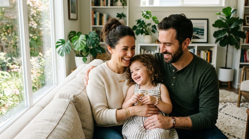 Documentary-style family portrait of parents and child weari