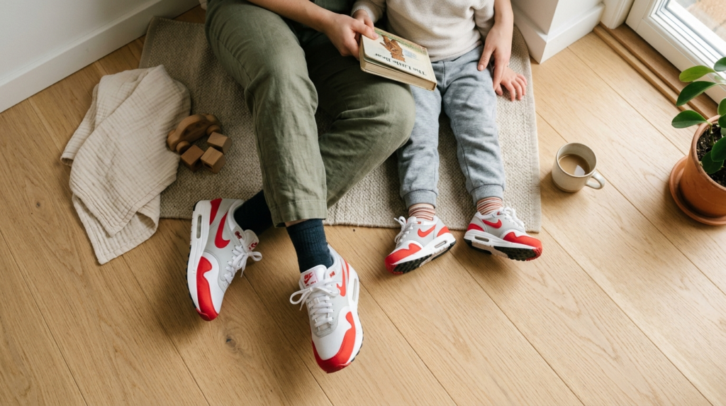 Overhead flat lay composition of a parent and child wearing