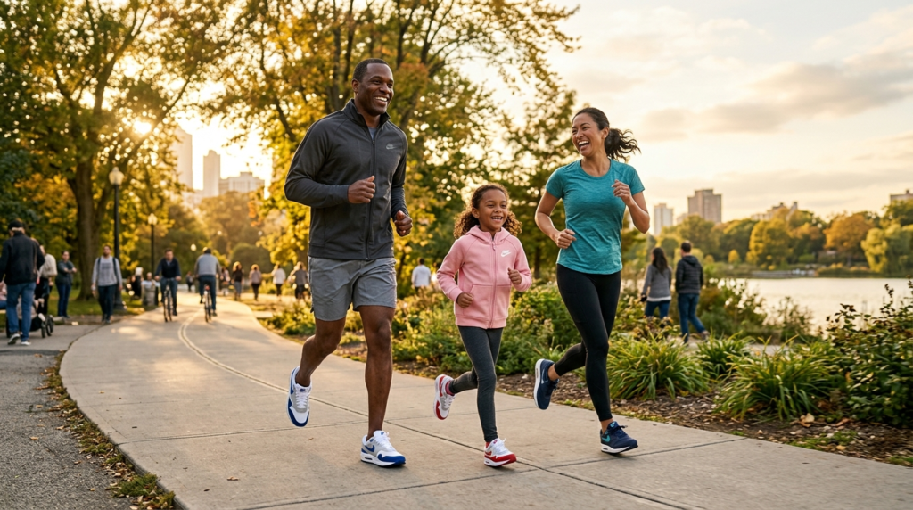 Active family of three jogging outdoors in casual sportswear