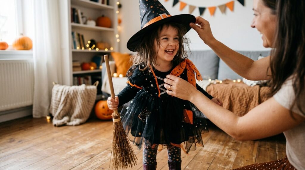 Close-up lifestyle shot of a young child wearing a Halloween