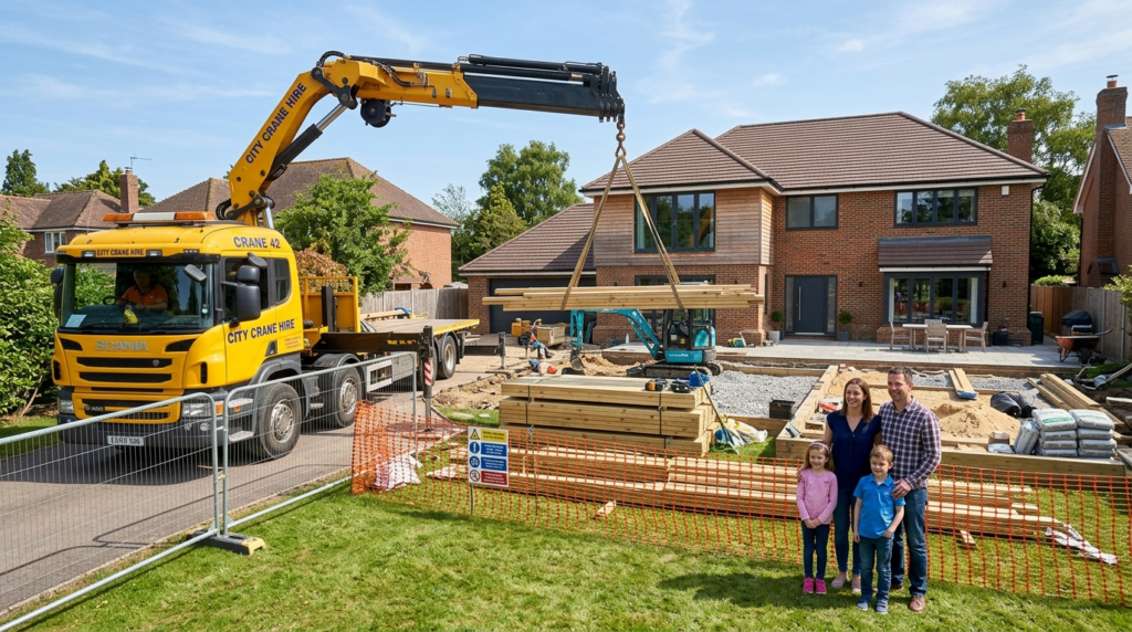 Wide angle photorealistic image of a yellow crane truck prec