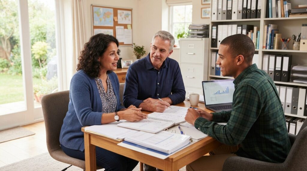 Diverse family business owners in casual business attire dis