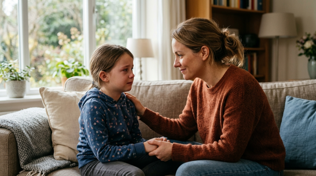 Close-up of a caring parent and child having a serious but s