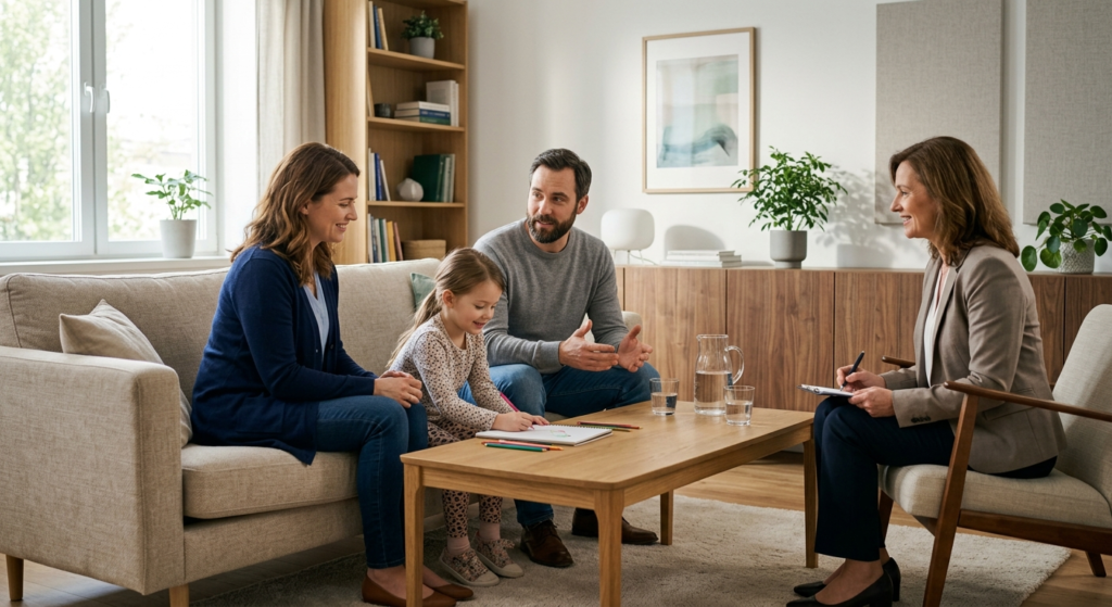 Two parents sitting together with their child in a neutral,