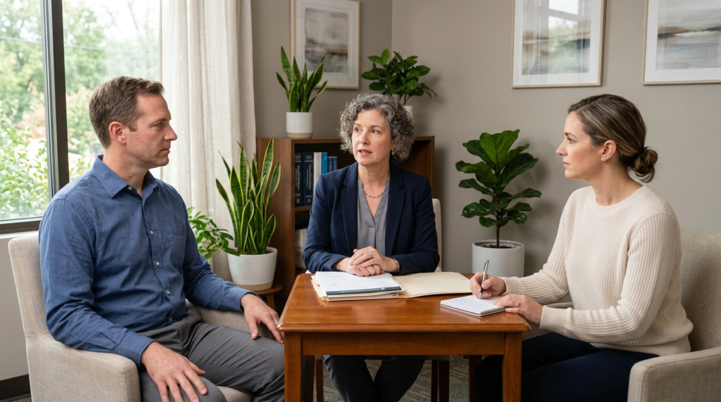 Two separated parents meeting with a family divorce counselo