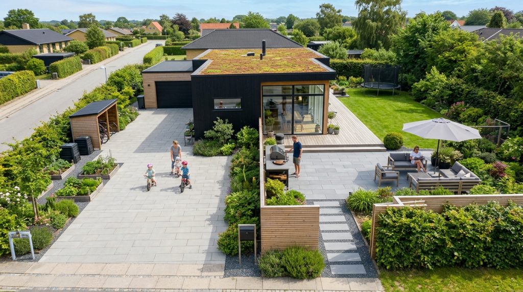 Aerial view of a complete family outdoor living area in a Da