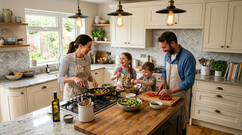Warm, inviting kitchen workspace showing a family preparing