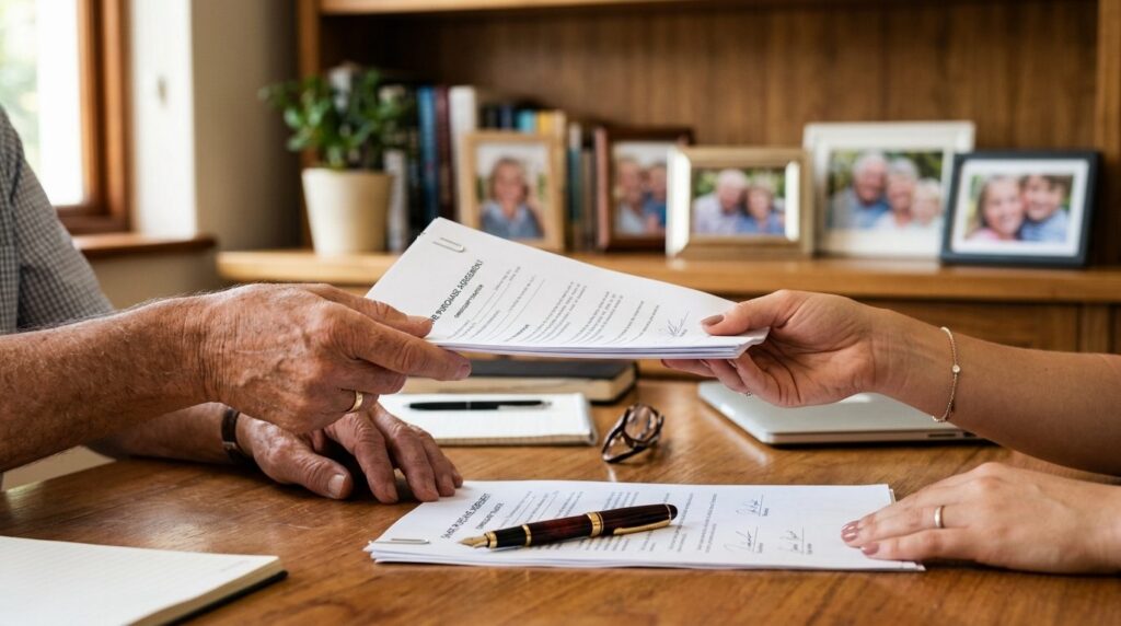 Close-up photograph of hands of two generations passing owne