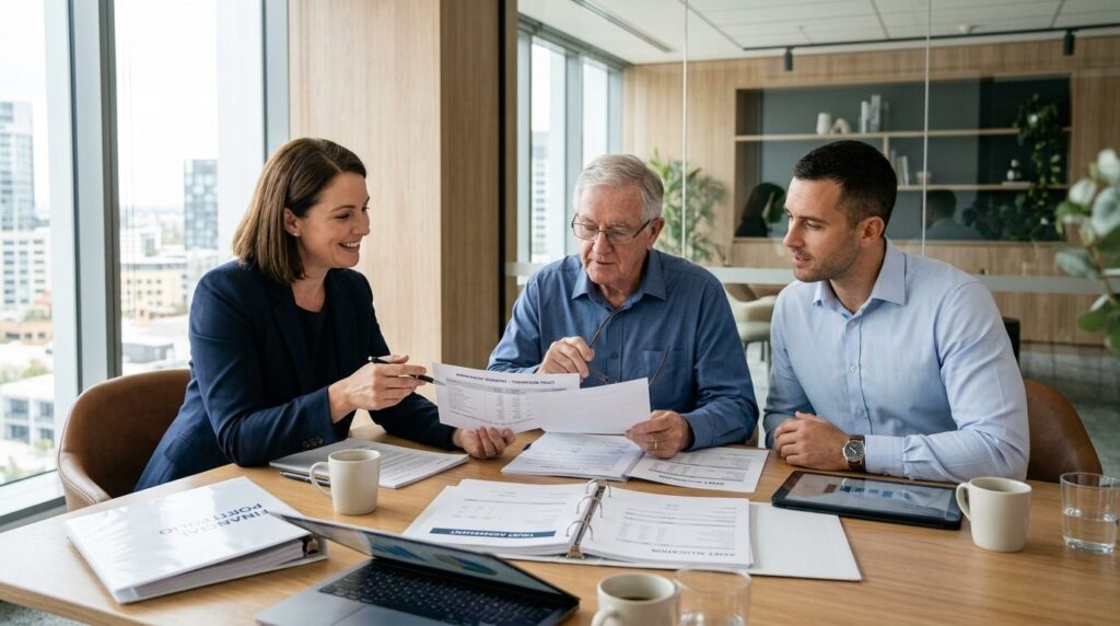 Professional meeting scene with three people - father, son,
