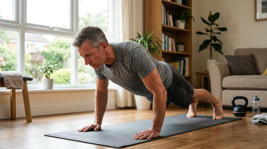 Photorealistic stock photo of a healthy middle-aged man doin
