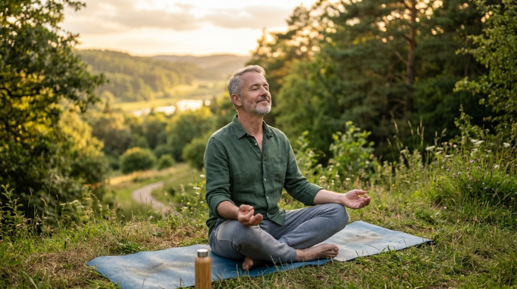Photorealistic stock photo of a relaxed middle-aged man medi