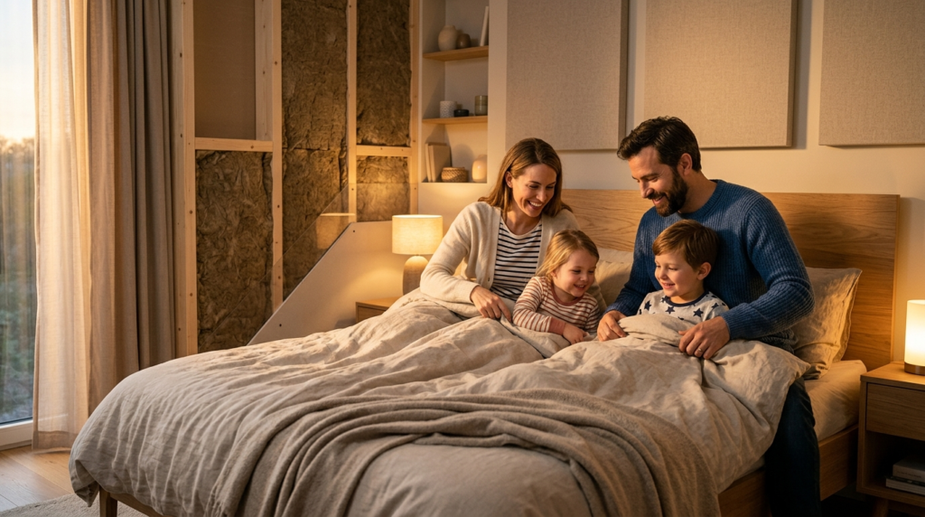 A happy family of four in a modern bedroom with father and m