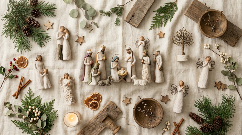 Overhead flat lay composition of Willow Tree holiday collect