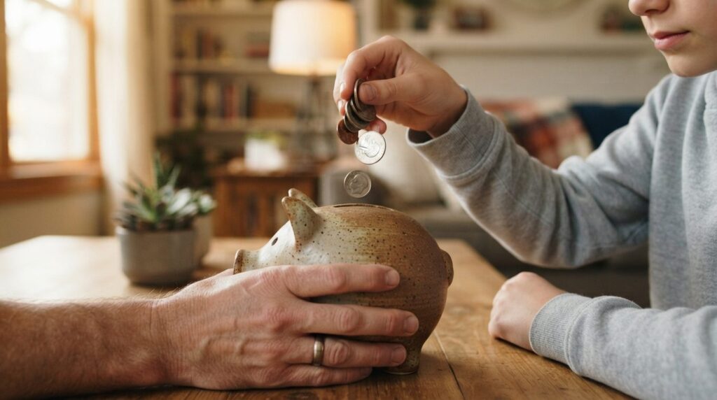 Close-up shot of a parents hand holding a piggy bank or sav