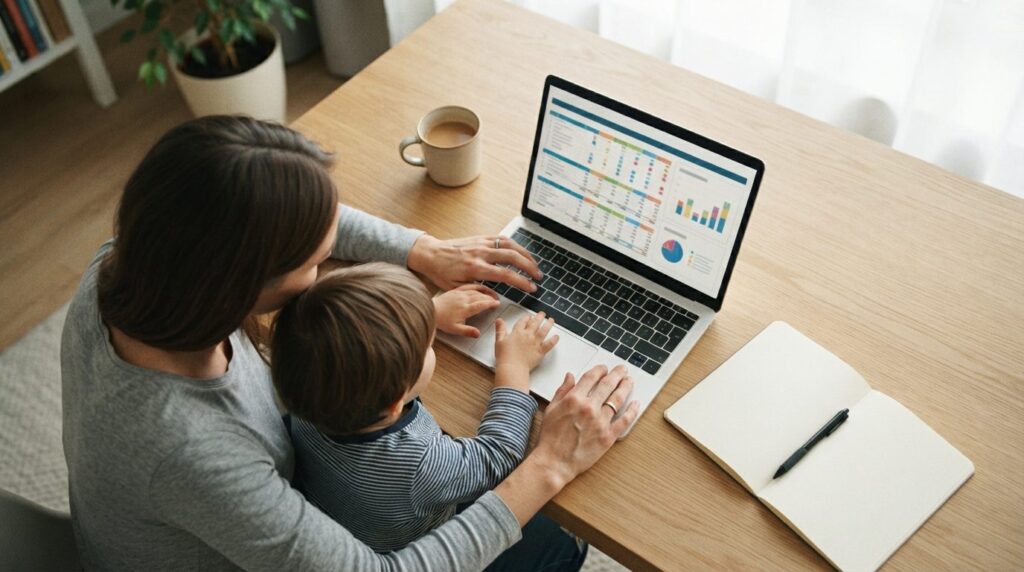 Overhead view of a parent and child looking at a laptop scre