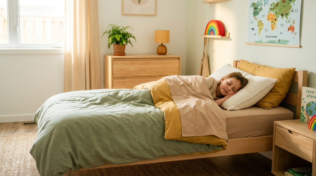 Warm, inviting photograph of a childs modern bedroom featur
