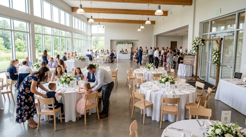 Wide-angle photograph of a bright, airy wedding reception sp