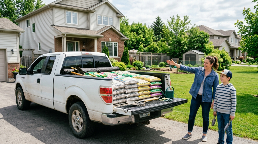 Wide shot of a familys loaded truck bed overflowing with or