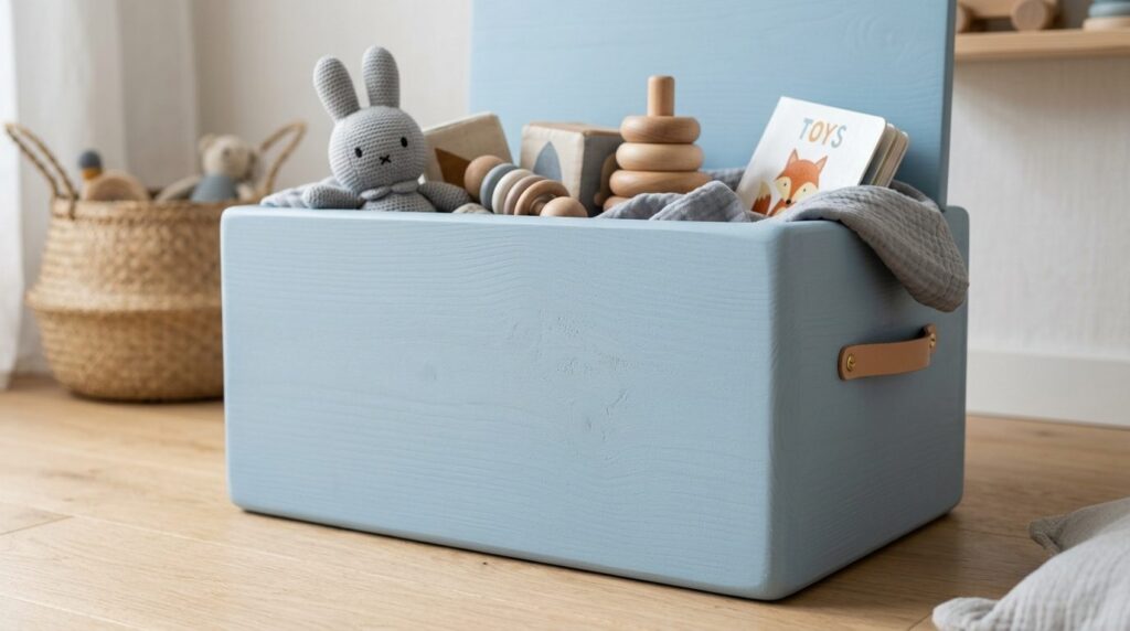 Close-up product shot of a wooden toy box hand-painted with 