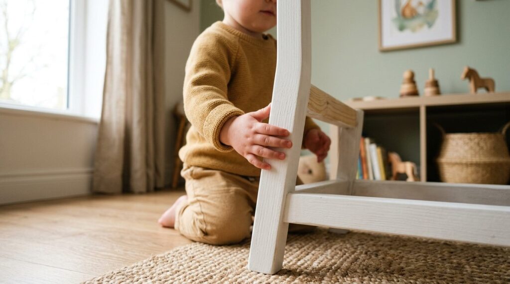 Warm lifestyle scene of a toddlers hand gently touching a f